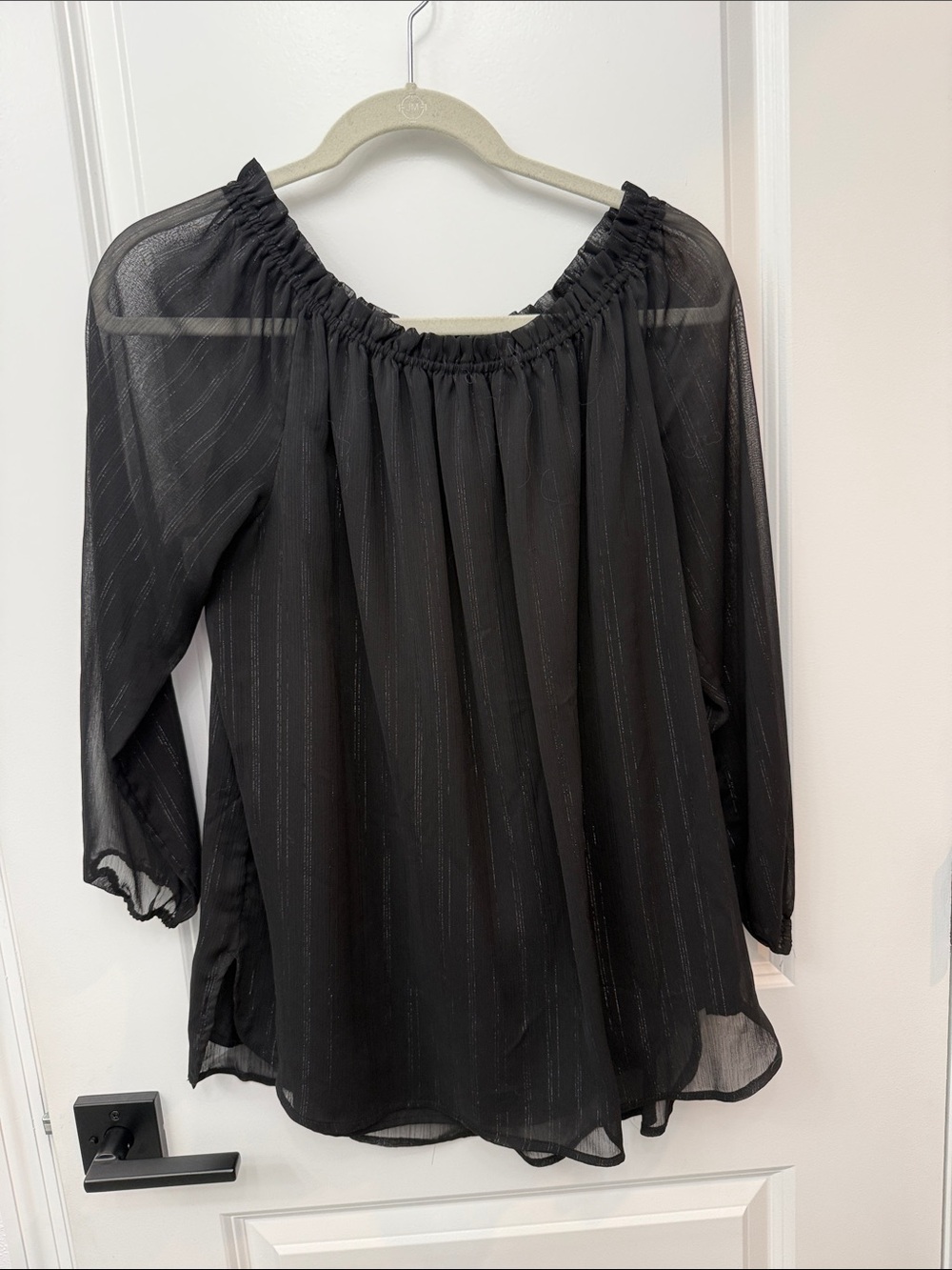 Nine West Black Sheer Off-Shoulder Tunic with Subtle Metallic Stripes